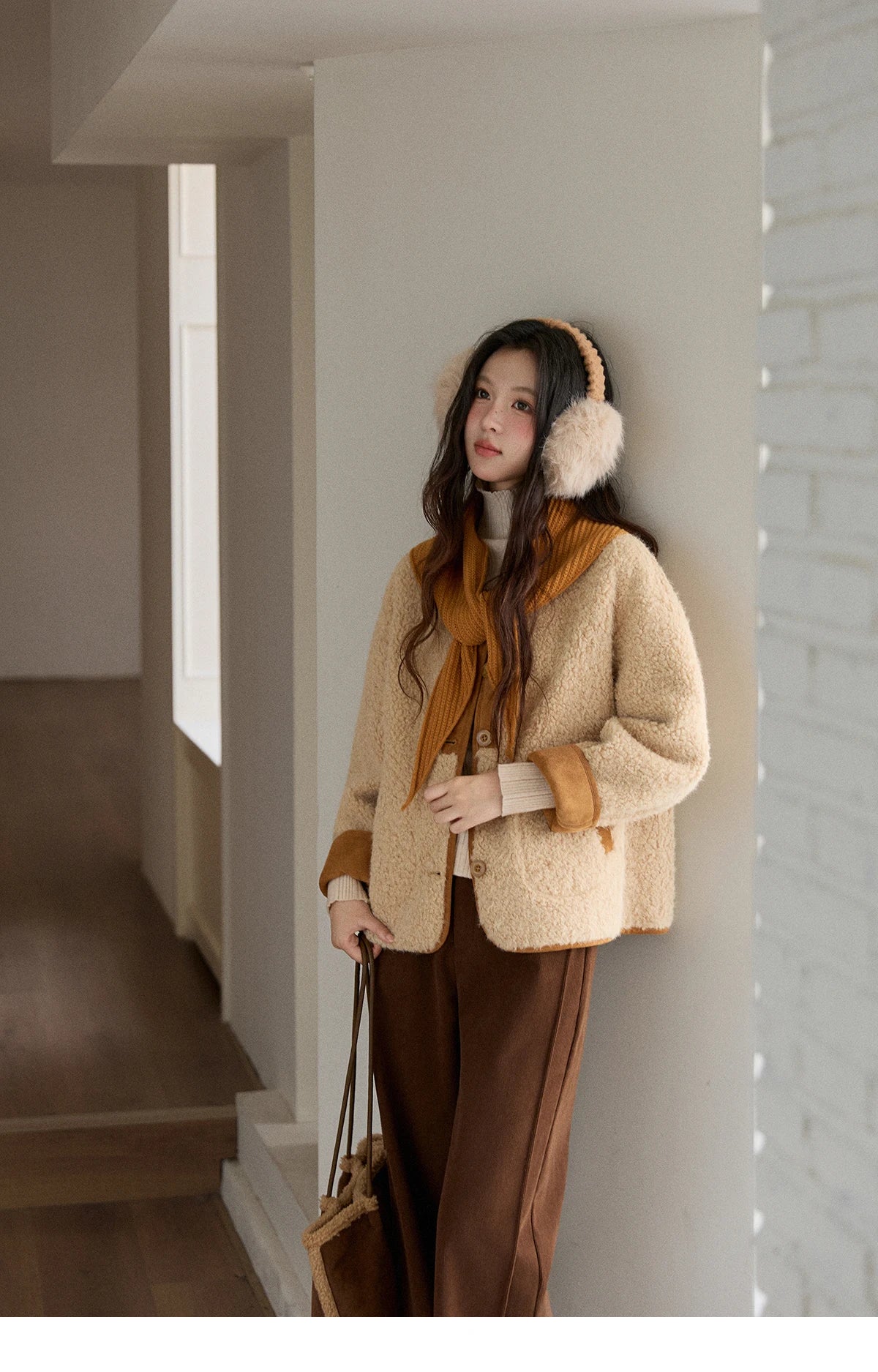 Mishow Lamb Wool Jacket with Color Block Knitted Shawl MXE91W0969