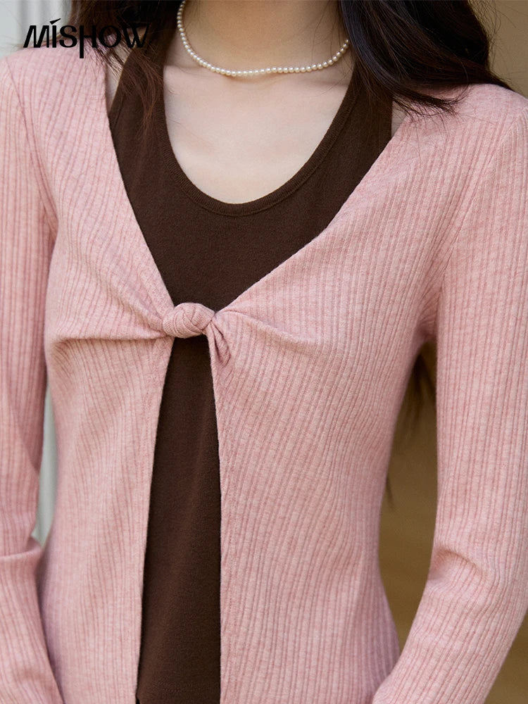 Mishow Pink Brown Fake Two-Piece Knot Front Top MXF11Z2912