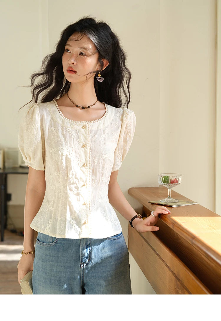 MISHOW Embroidery Cotton Shirt Puff Sleeve Button MXE39X1979