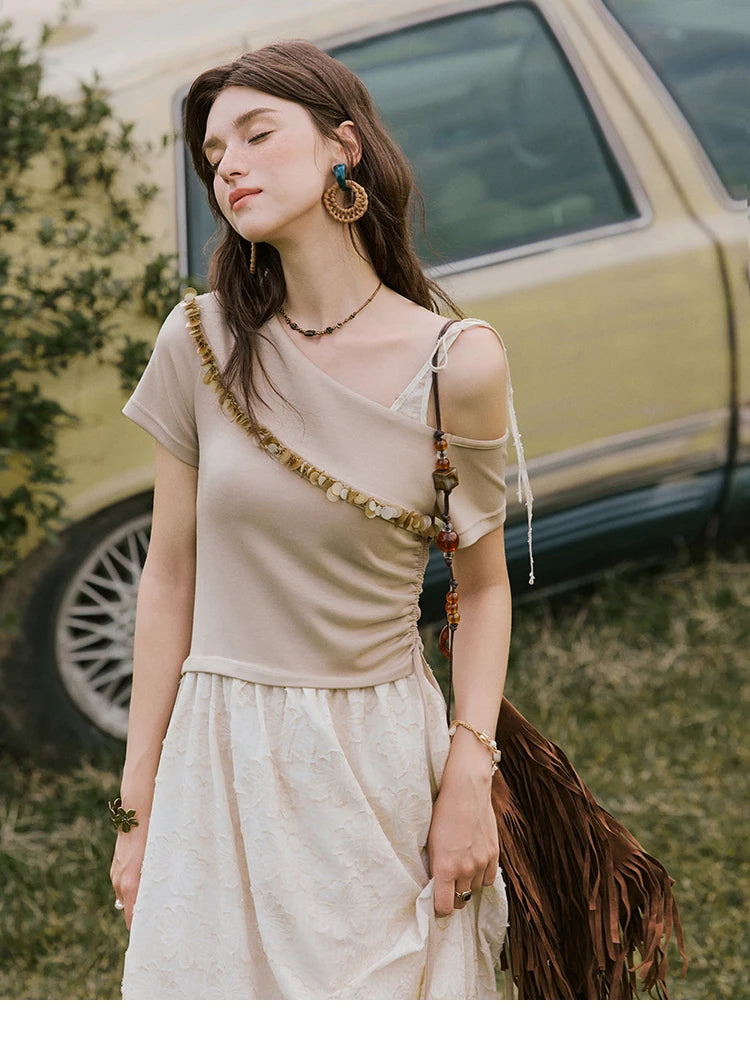 Mishow Off-Shoulder Knitted Patchwork Midi Dress MXE33L2207