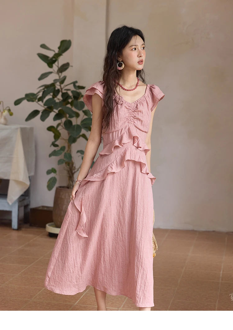 Mishow Flower Flying Sleeve V-Neck Pink Dress MXE34L2243