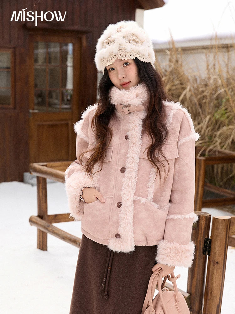 MISHOW Pink Plush Patchwork Coat Stand Collar Windproof MXE51W0911