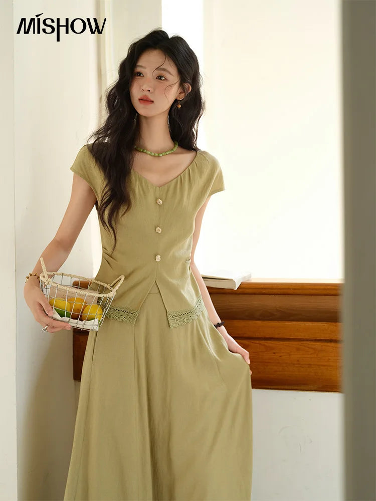 Mishow V-Neck Lace Hollow Top & Pocket A-Line Skirt Set MXE39T0665