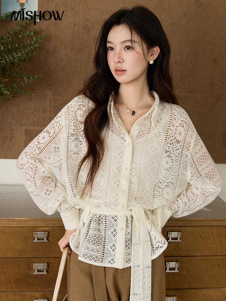 MISHOW Hollow Lace Shirt Camisole Set Drawstring Waist MXF108C0816