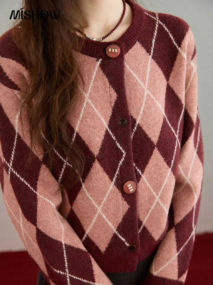 Mishow Retro Diamond Grid Contrast Cardigan MXE91Z2773