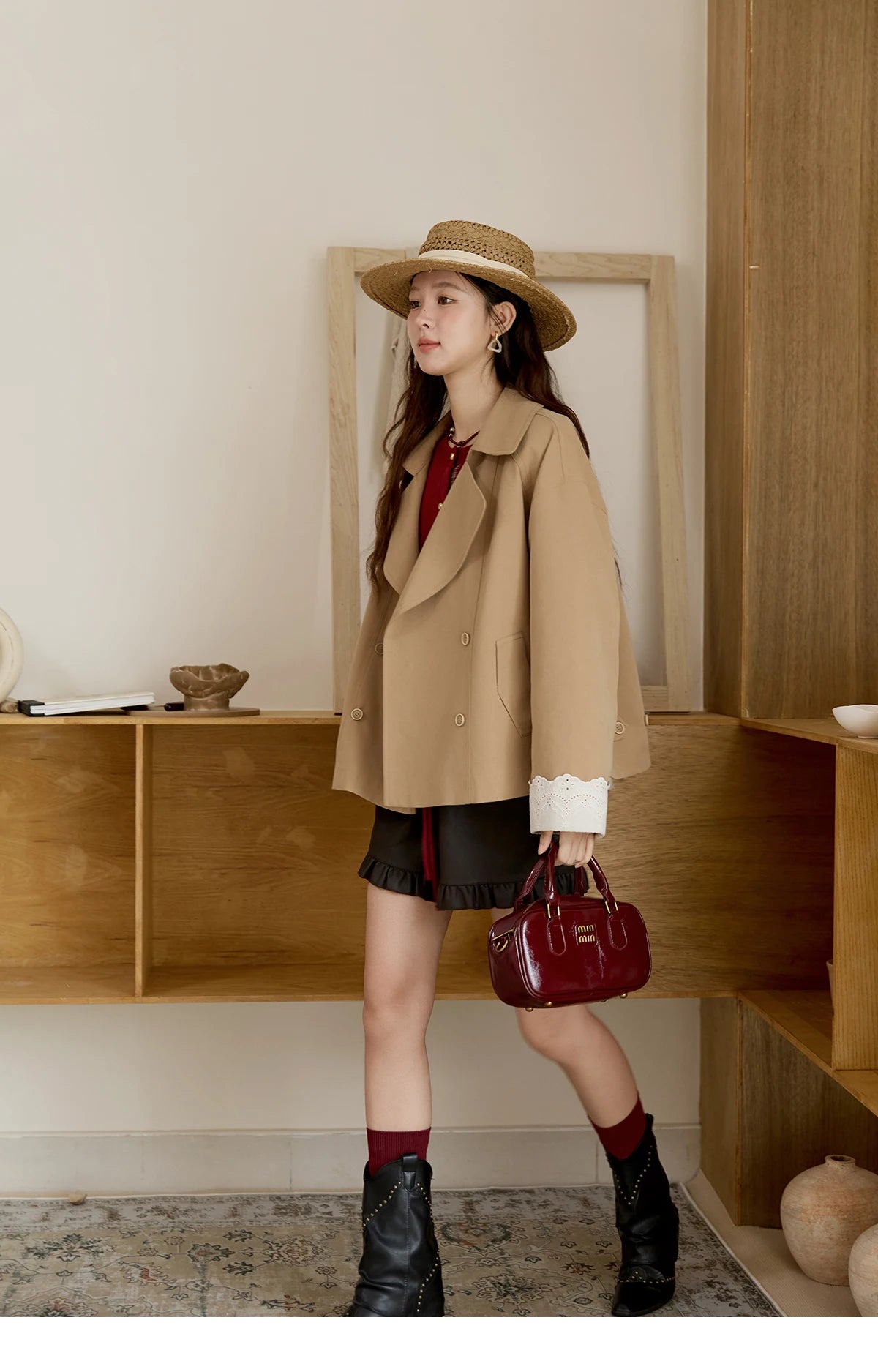 Mishow Khaki Ruffled Cuff Lace Short Trench MXE45W0831