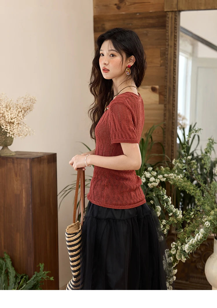 Mishow Retro Red Hollow Bead Knit Tee MXE35Z1271