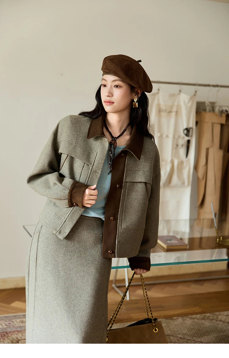 Mishow Contrast Suede Patchwork Wool Coat MXE46W0844