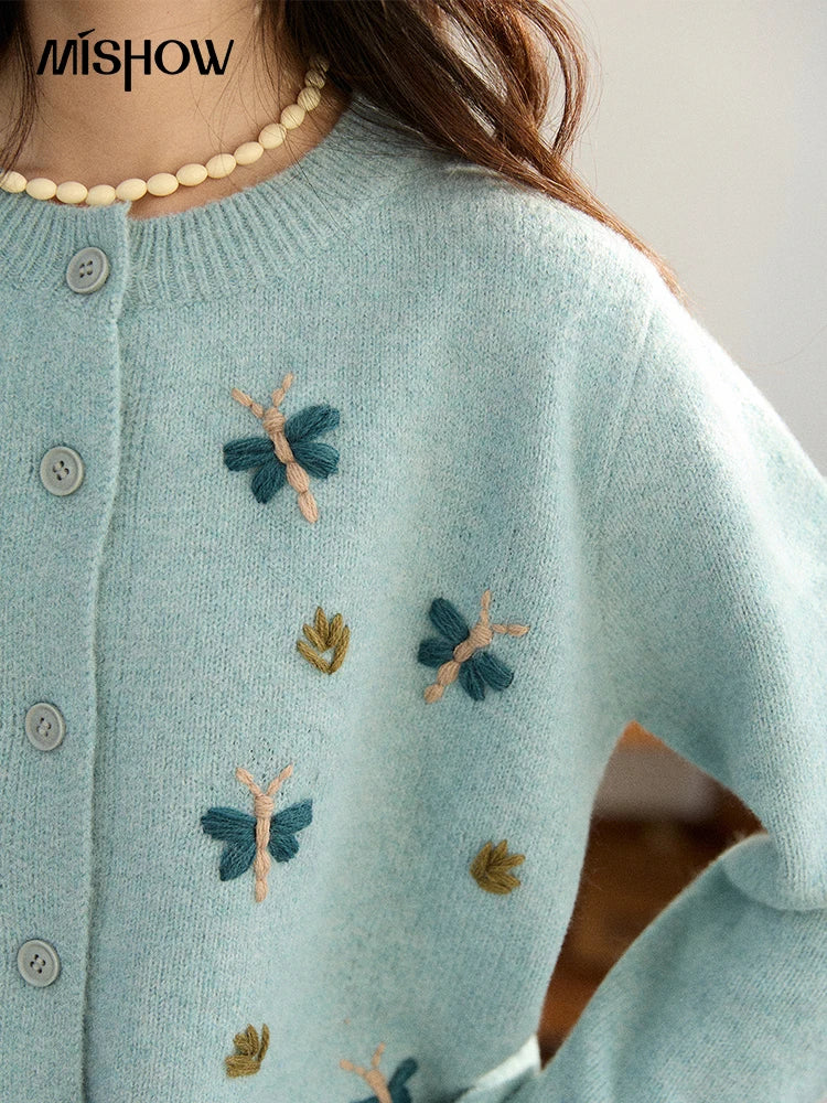 Mishow Blue Butterfly Embroidered O-Neck Cardigan MXE90Z2818