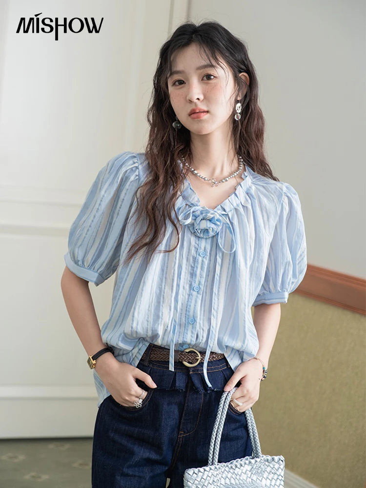 MISHOW Striped Puff Sleeve V-Neck Button Shirt MXE36X1870