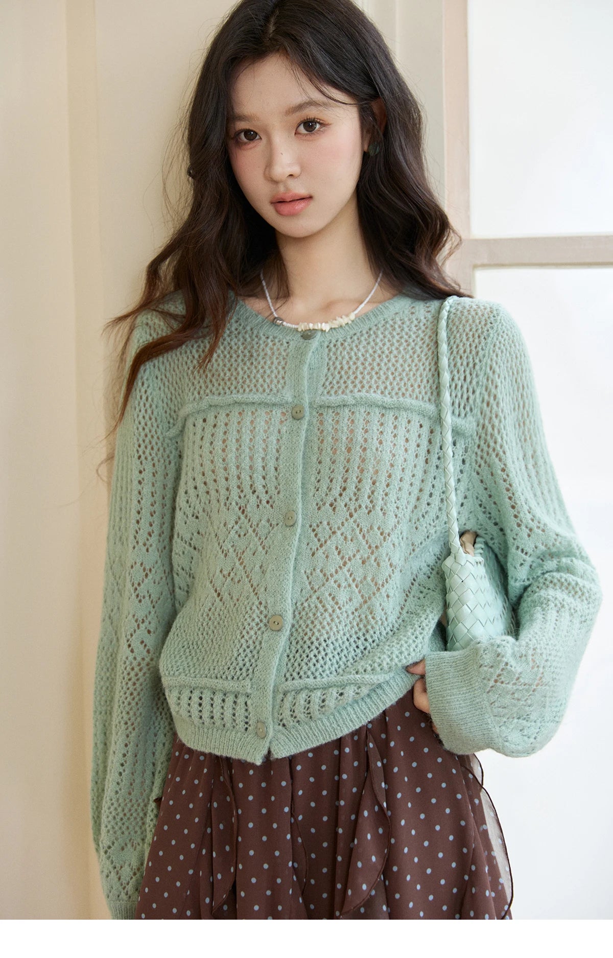 Mishow Mint Green Crew Neck Hollow Cardigan MXF108Z1046