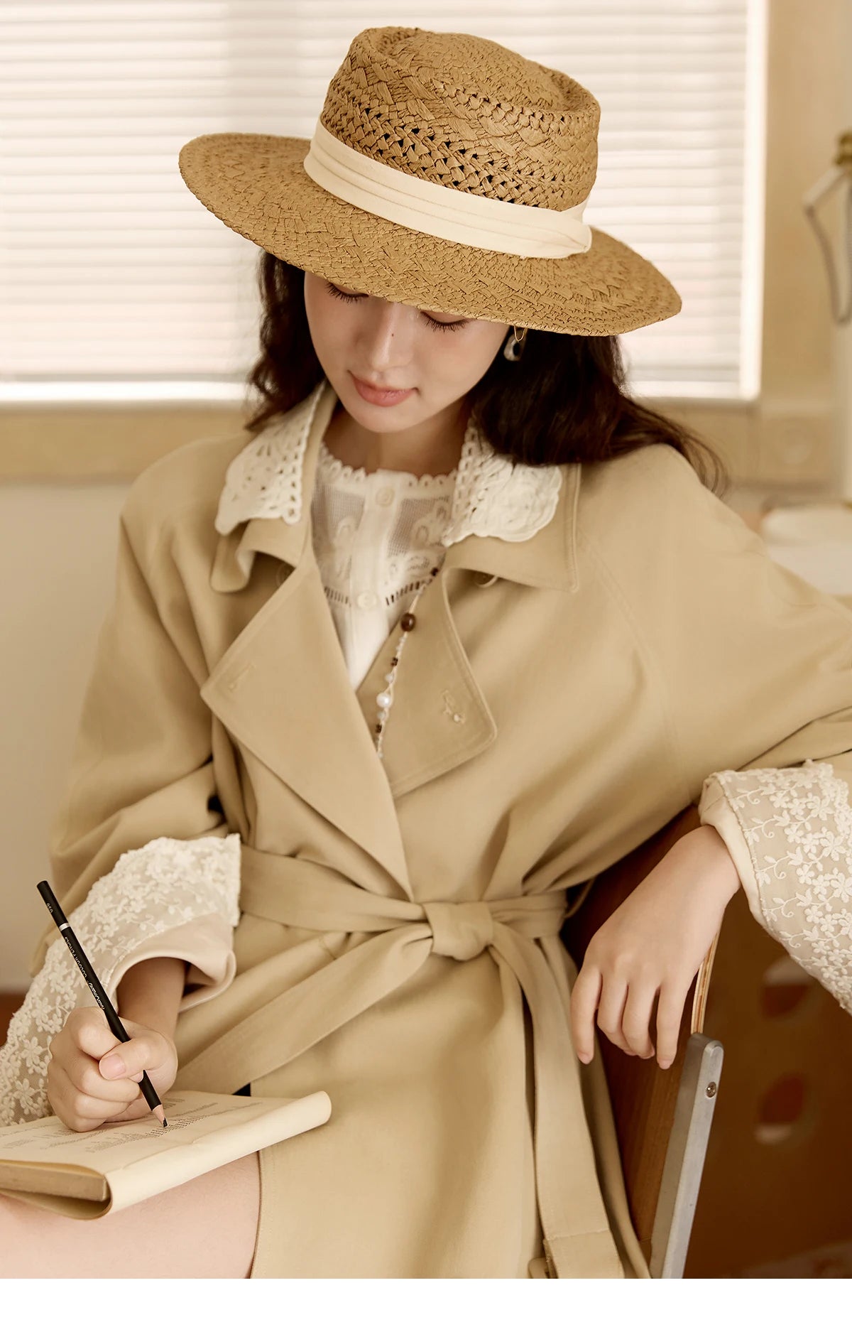 Mishow Light Khaki Lace Long Trench Coat MXE45W0830