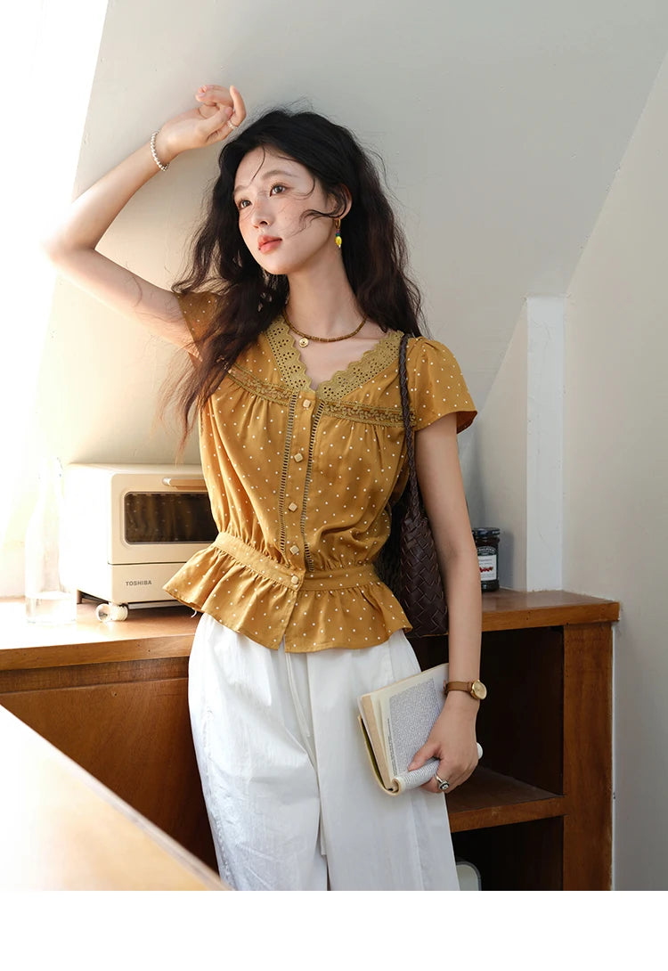 MISHOW V-Neck Lace Polka Dot Blouse Ruffled Button MXE38X1847