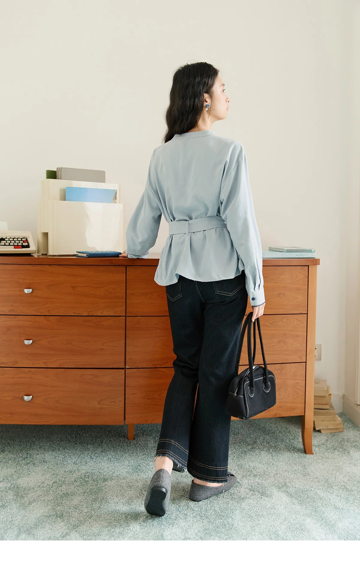 MISHOW Haze Blue Velvet Shirt Contrast Color Waist Sash MXE47X2497