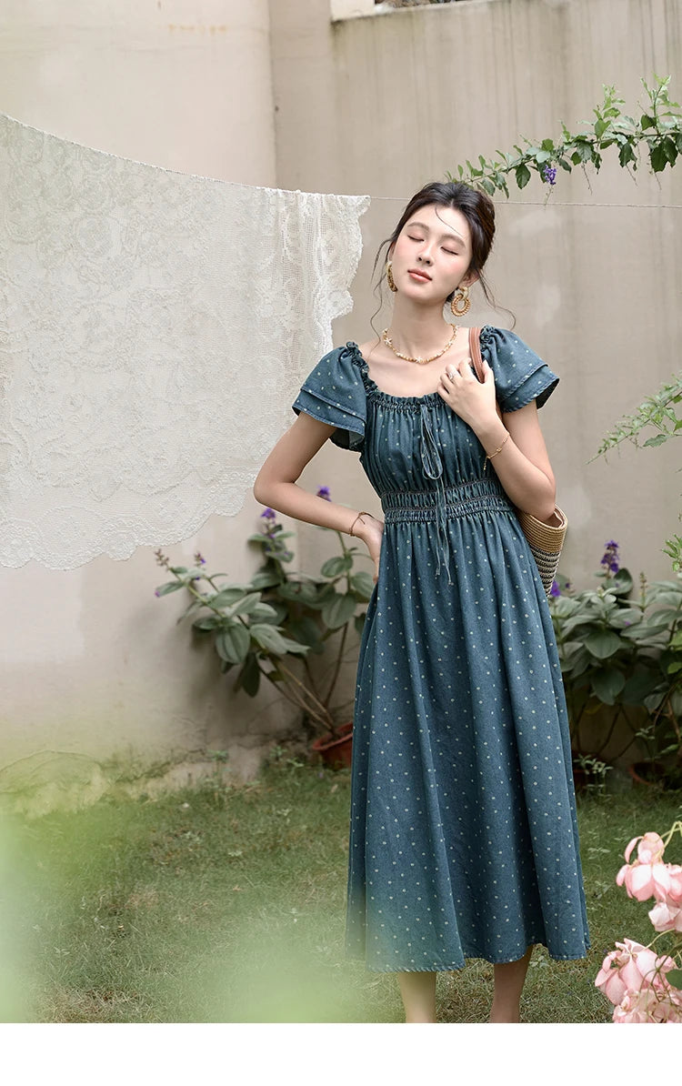 Mishow Polka Dot Flying Sleeve Lace-Up Denim Dress MXD30L2022