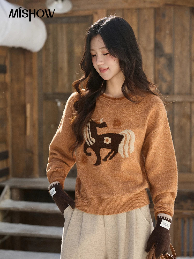Mishow Horse Pattern Faux Mink Fur Cuff Sweater MXE94Z2863
