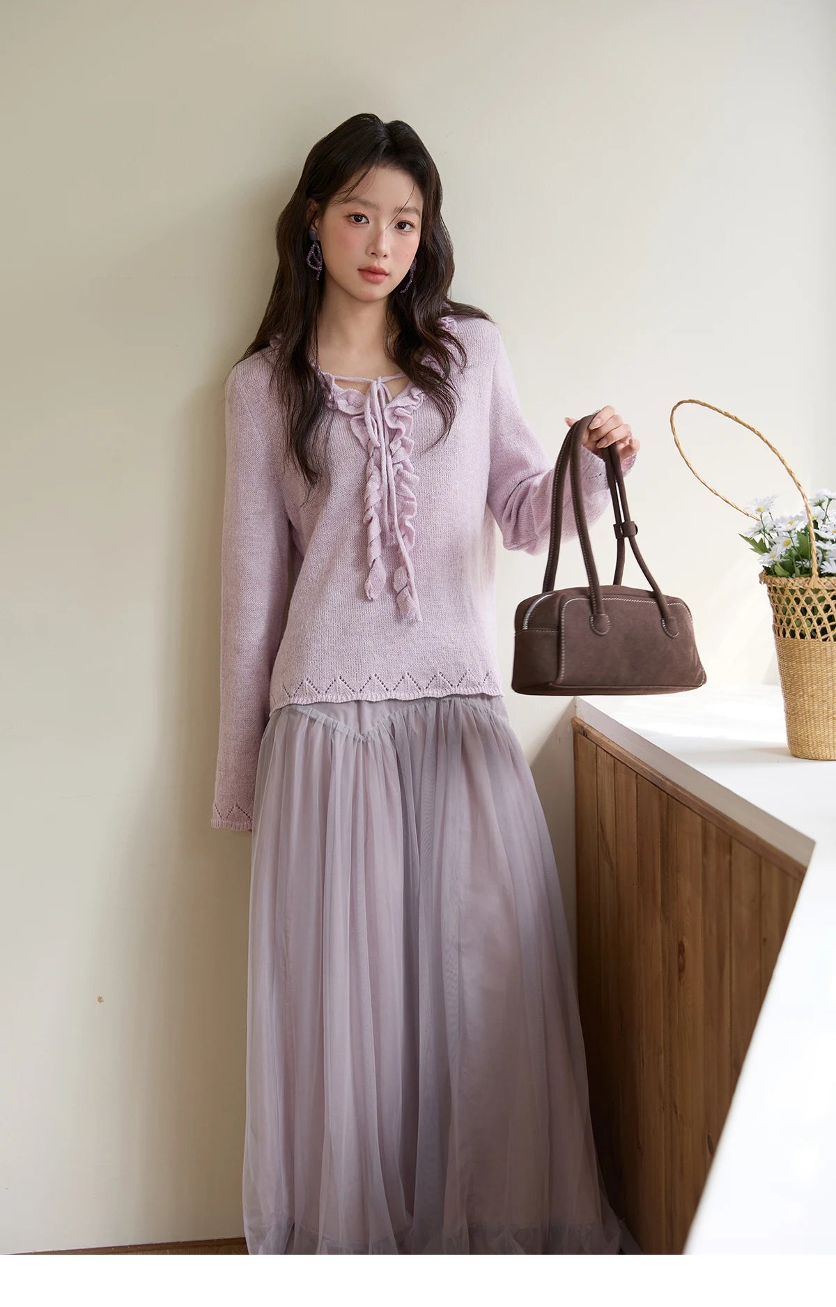 Mishow Beige V-Neck Wood Ear Hollow Sweater MXE51Z2595