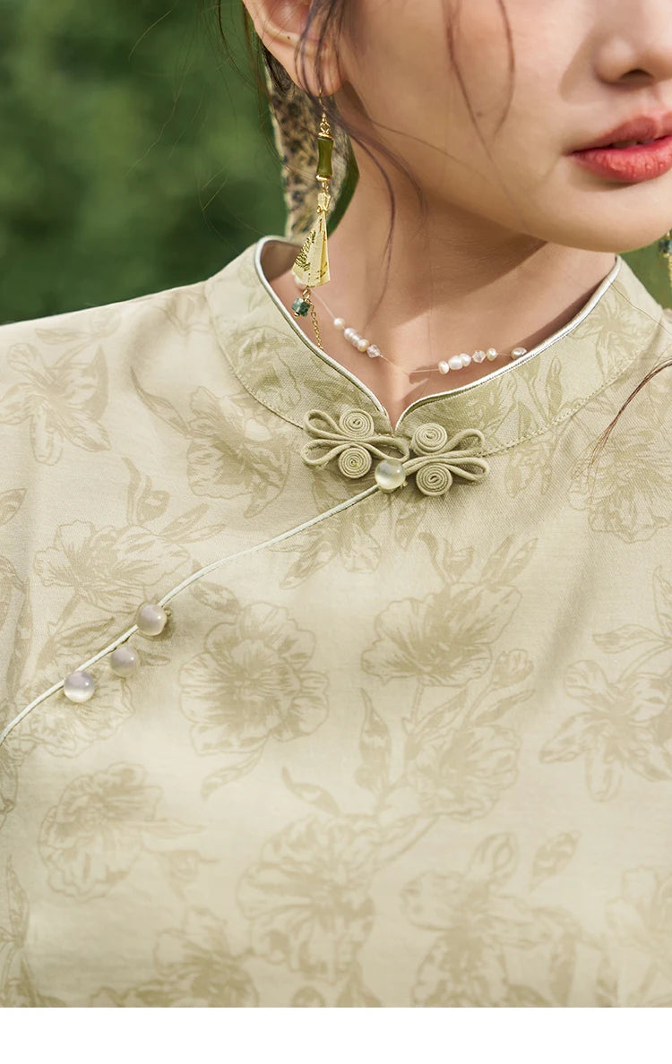 Mishow Chinese Cheongsam Green Puff Sleeve Dress MXD14L1767