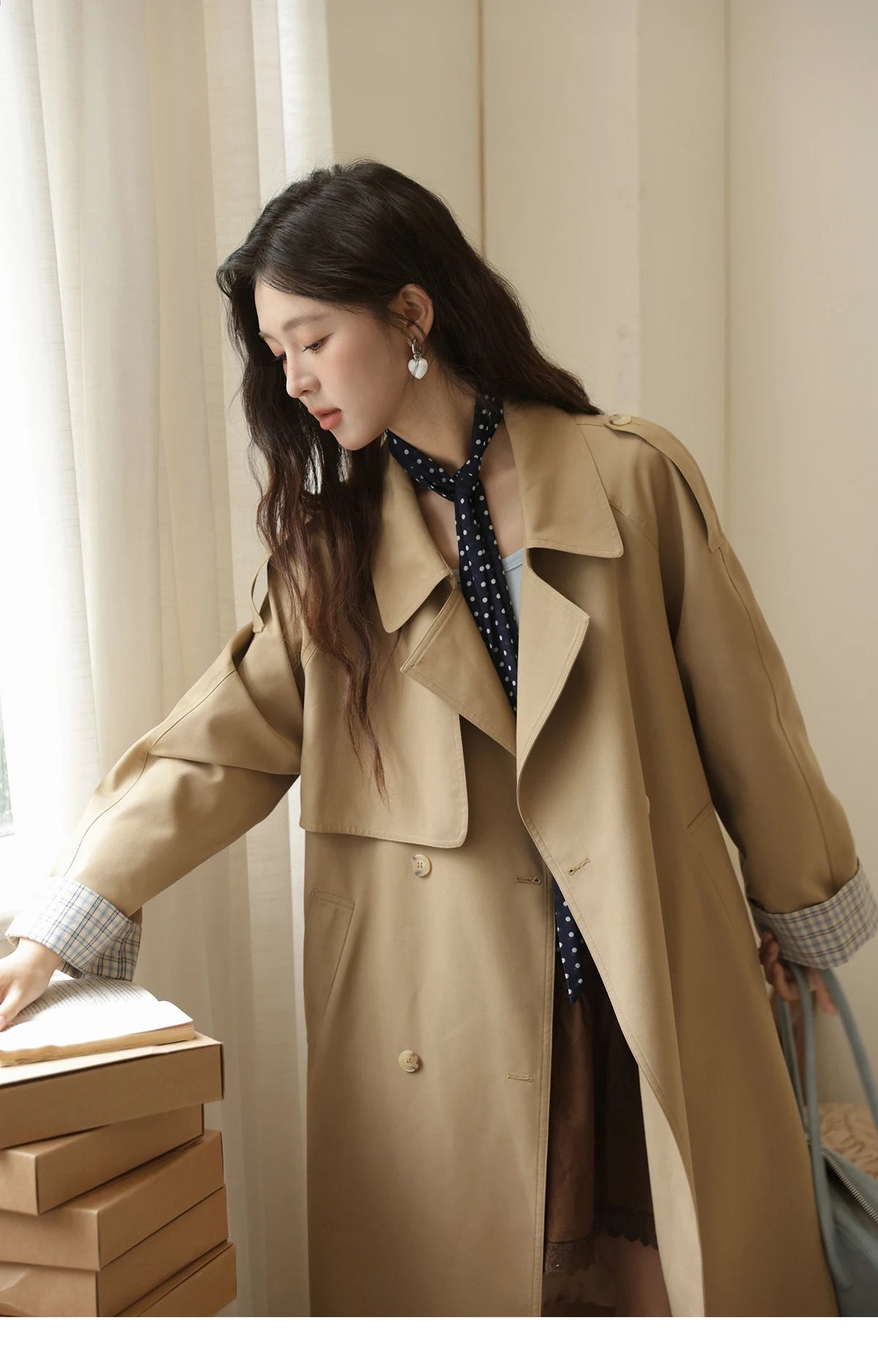 Mishow Khaki Retro Plaid Flip Sleeve Trench Coat MXE44W0814