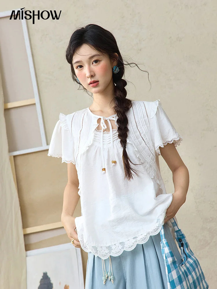 MISHOW White Lace Up Blouse Butterfly Sleeve Hollow Lace MXE34X1784
