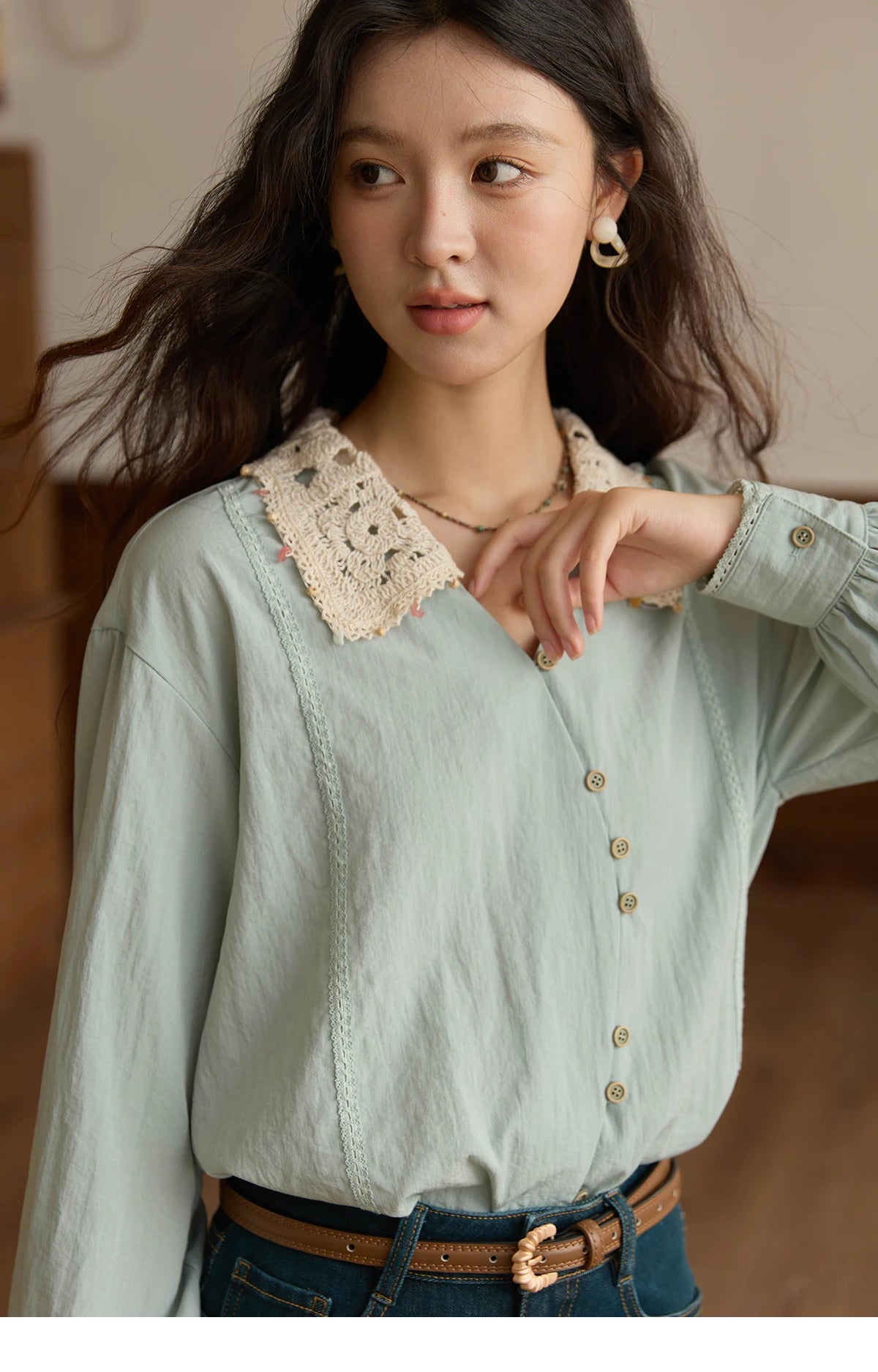 MISHOW Linen Shirt Contrast Apricot Lapel Curved Placket MXE43C2387