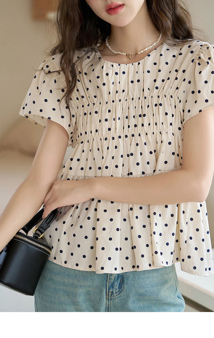 MISHOW Polka Dot Blouse Flying Sleeve O Neck Elastic Folds MXC39X1291