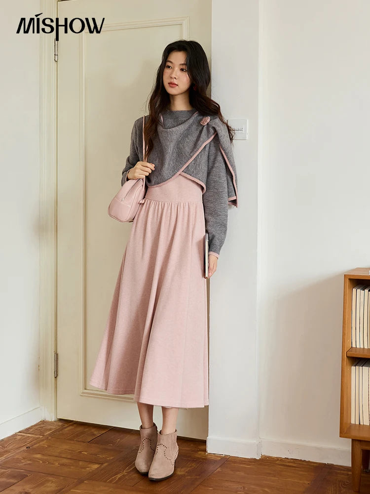 Mishow Pink Irregular Round Neck Top & Suspender Dress Set MXE49T1397