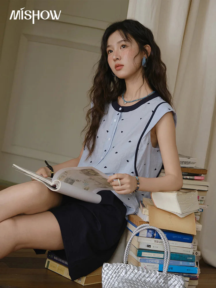 Mishow Sleeveless Button Shirt & High Waist A-Line Shorts Set MXE37T0656