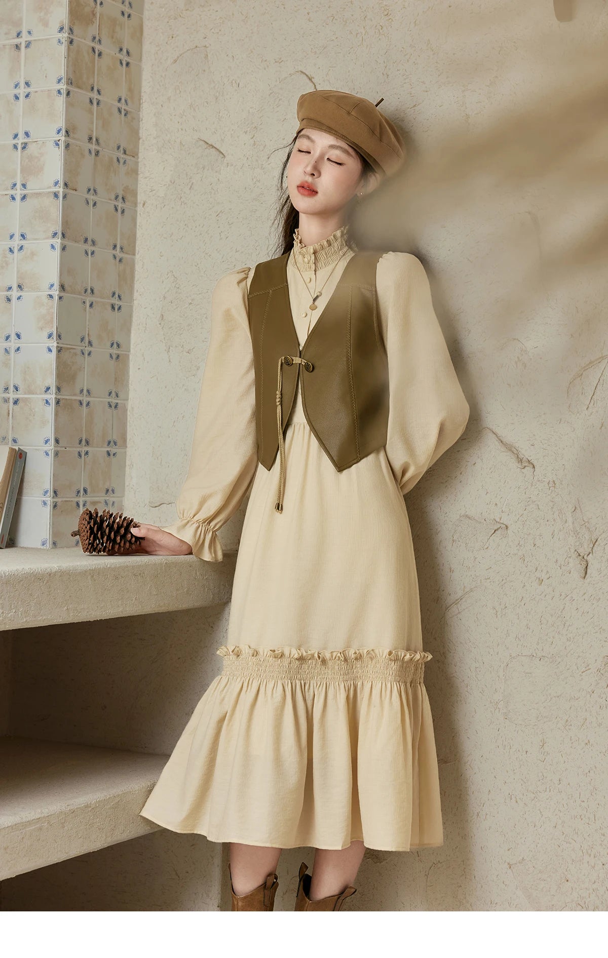 Mishow French Stand Neck Lotus Leaf Sleeve Dress MPD42L2036