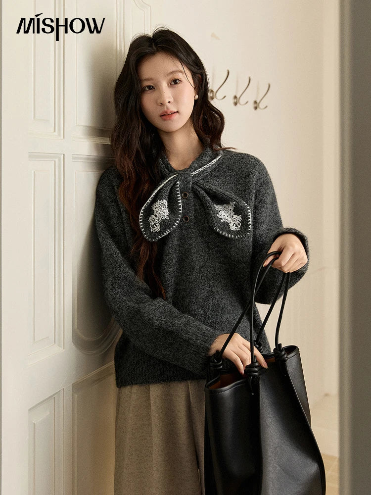 Mishow Yellow Bow Collar Lace Splicing Sweater MXE94Z2971