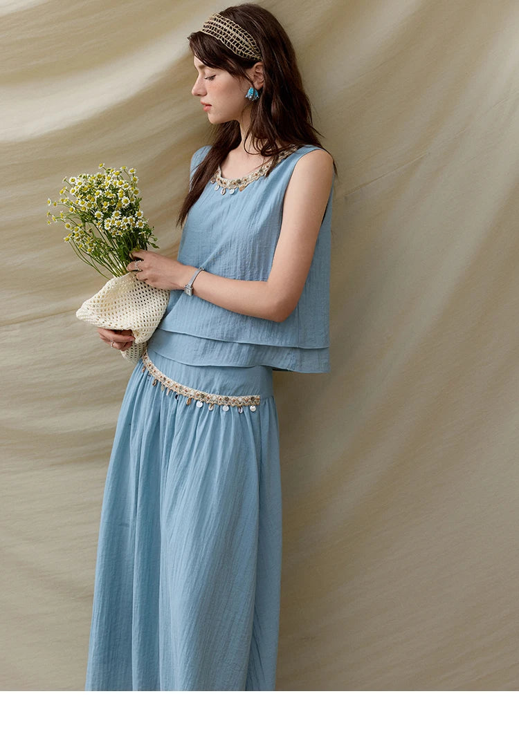 Mishow Sheel Ribbon Round Neck Top & High Waist Skirt Set MXE32T0556