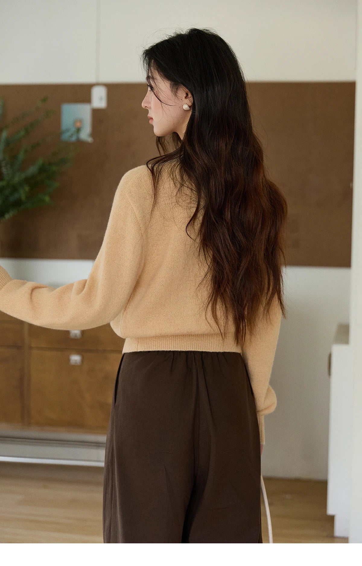 Mishow Camel Floral Embroidery Crew Neck Cardigan MXF11Z2896