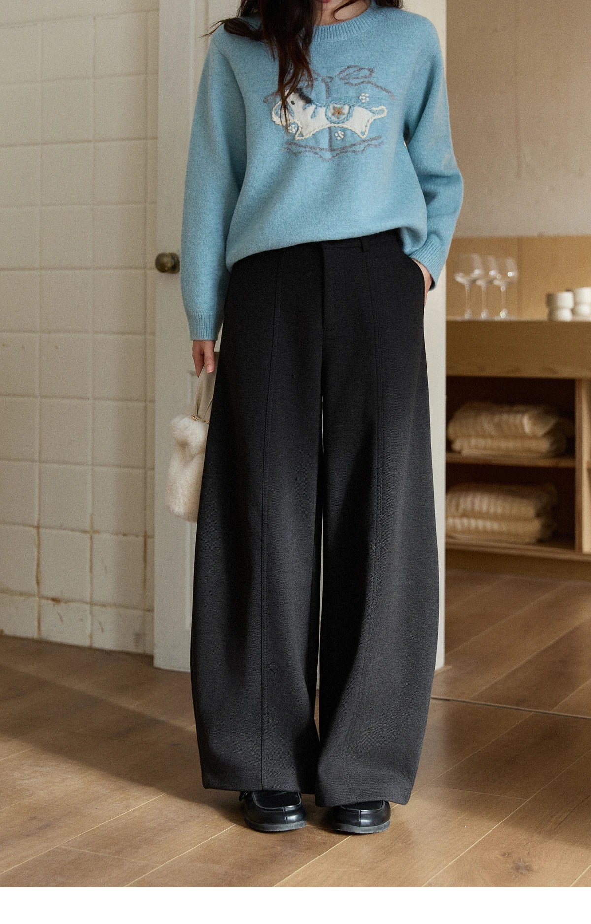 MISHOW Gray Woolen Wide-Leg Pants High Waist Draped Elastic MXE93K1143