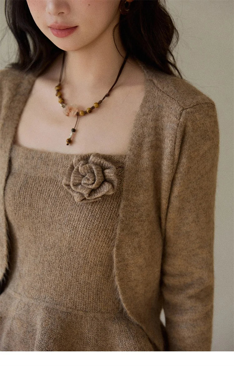Mishow Khaki Knitted Three-Dimensional Floral Camisole Cardigan & Wide Leg Pants Three-Piece Set MXE87T1449