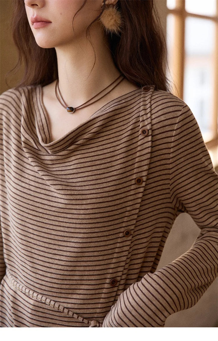 Mishow Retro Crew Neck Tie-Up Striped Top MXE87Z2700
