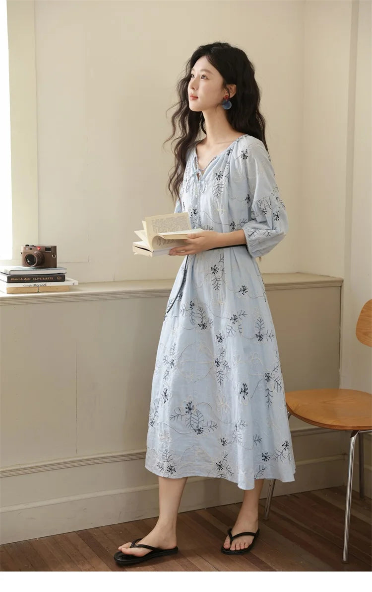 MISHOW Blue Flower Embroidered Lantern Sleeve Dress MXE42L2493