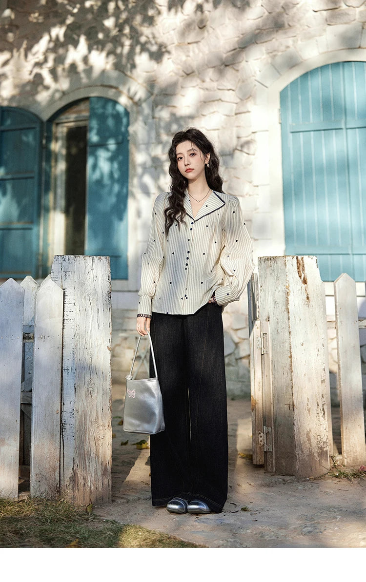 MISHOW Striped Bubble Sleeve Shirt Love Embroidered MXE12C0390