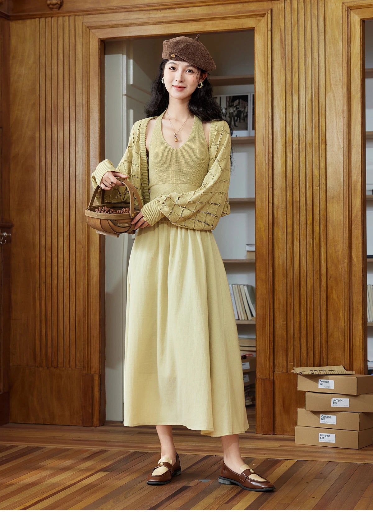 Mishow Hanging Neck Dress & Hollow Knit Cardigan Set MPD42L2040
