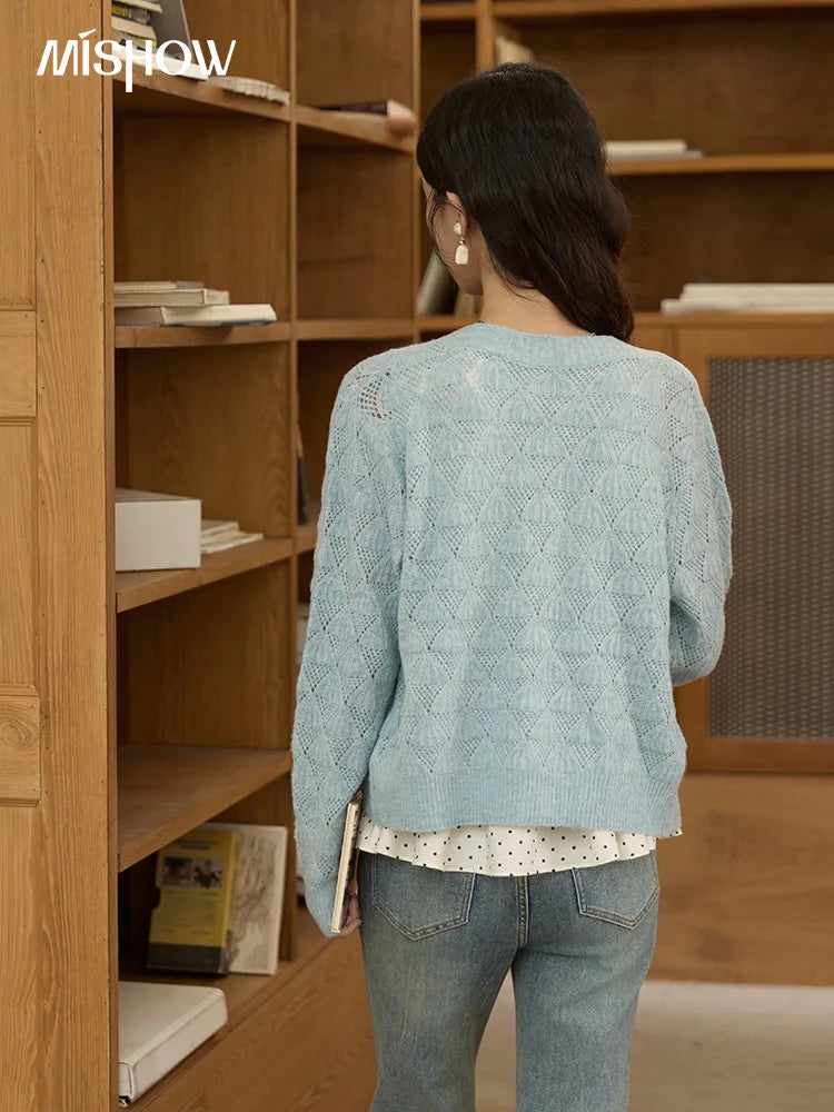 Mishow Blue Argyle Dropped Sleeve Wool Cardigan MXE41Z1313