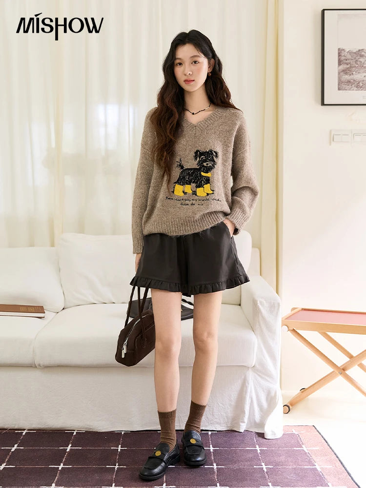 Mishow Puppy Embroidery V-Neck Loose Pullover MXE48Z2570