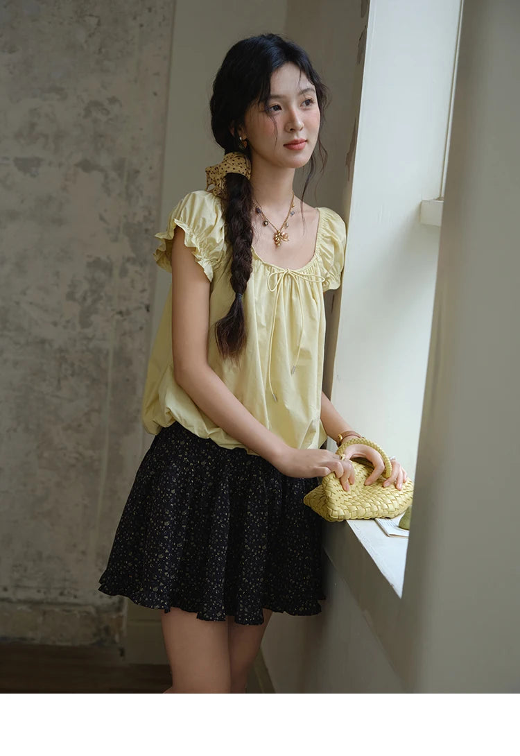 MISHOW Cotton Blouse Puff Sleeve Lace Up O-Neck MXE37X1893