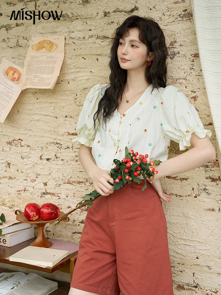 MISHOW 100% Cotton Square Neck Blouse Embroidered Lace Patchwork Puff Sleeve MXD22X1420