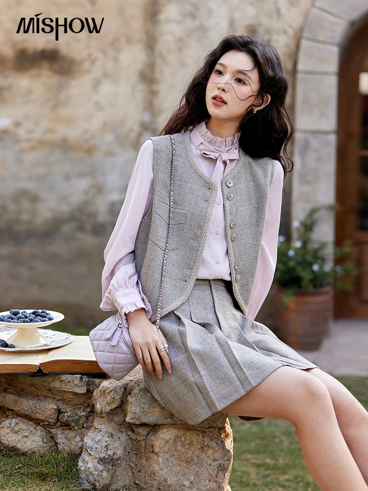 Mishow Korean Woolen Vest & Pleated Mini Skirt Set MXE13W0708