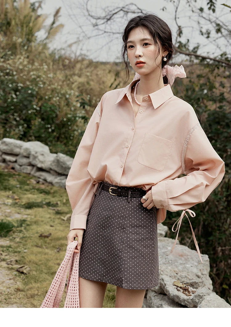 MISHOW Pink Long Sleeve Shirt Lace Bow Tie MXE16C0767