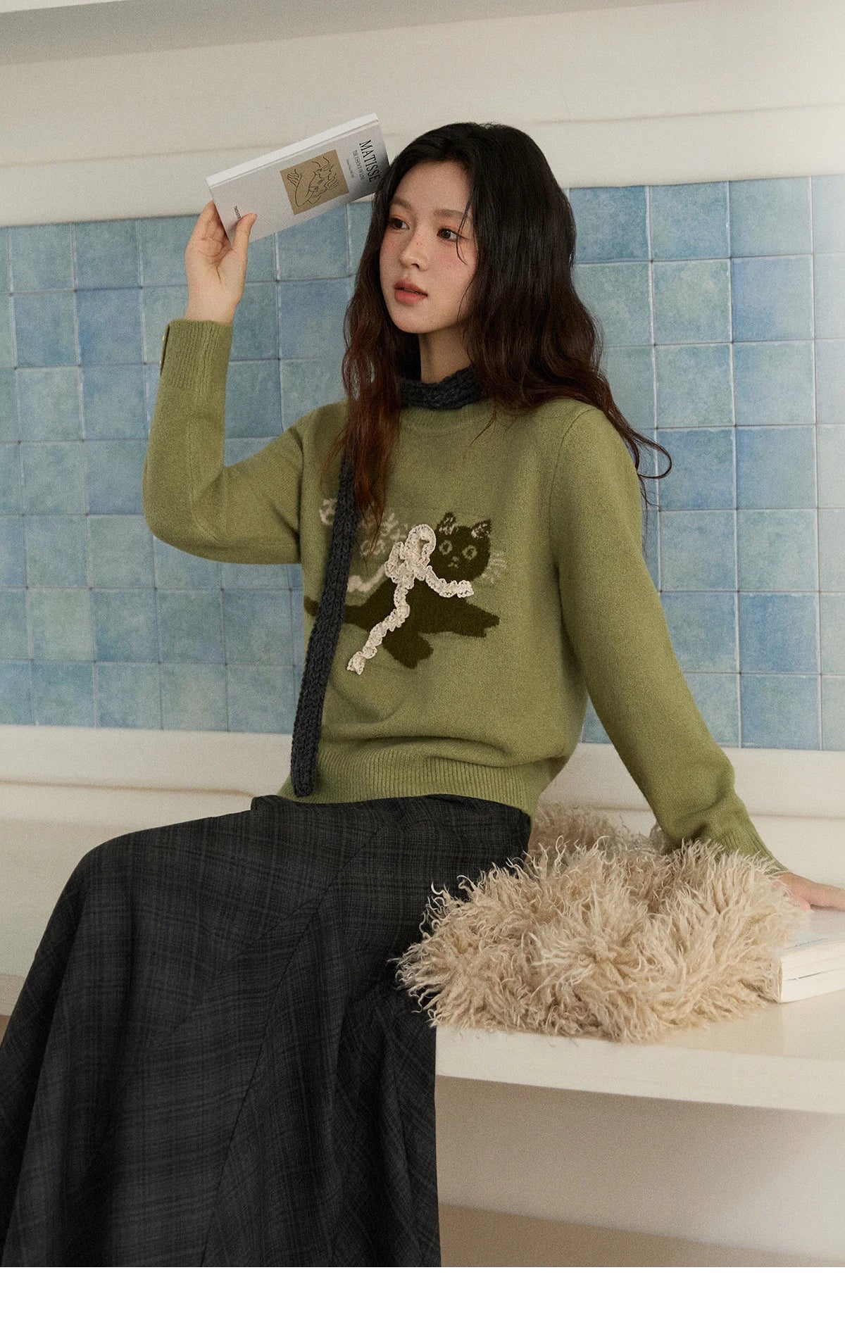 Mishow Cat Jacquard Three-Dimensional Bow Pullover MXE86Z2750