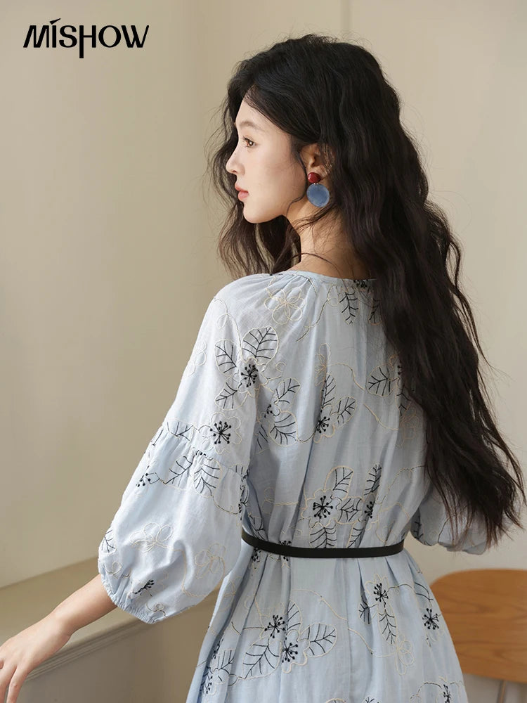 MISHOW Blue Flower Embroidered Lantern Sleeve Dress MXE42L2493