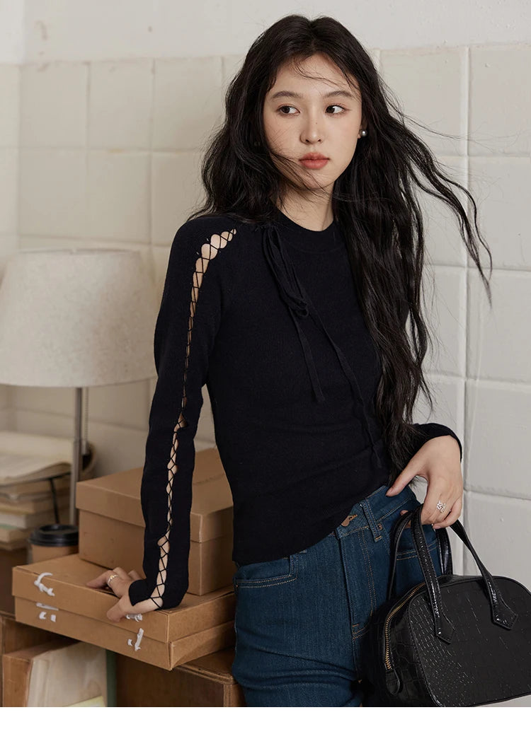 Mishow Hollow Tie Design Bottoming Knit Sweater MXD45Z0766