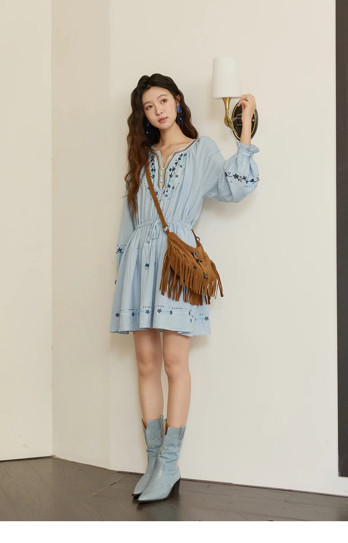 Mishow V-Neck Embroidered Drawstring Bohemian Dress MXE44L2489