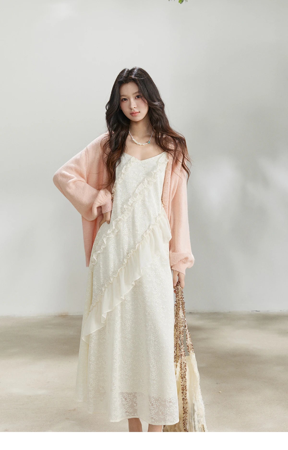 Mishow Pink Ruffled Pearl Button V-Neck Cardigan MXF108Z1028