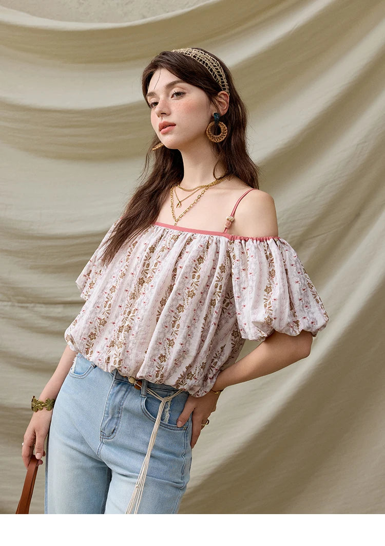MISHOW One-Shoulder Floral Blouse Short Sleeve Contrast MXE31X1767